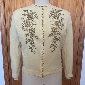 Vintage 1950s Pale Yellow Beaded Cardigan Sweater